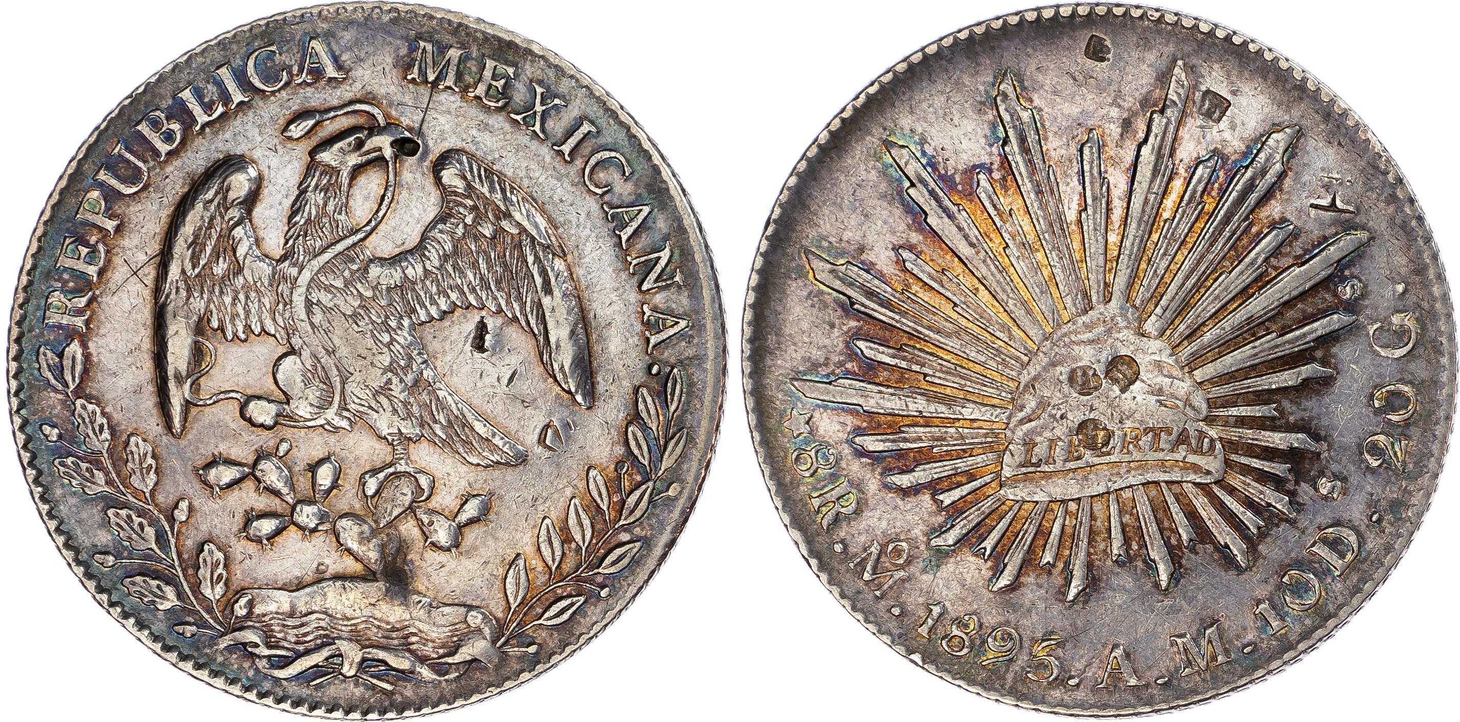 Mexico, Republic AG 8 Reales. Chinese traders chop marks in fields. 1895 AM.