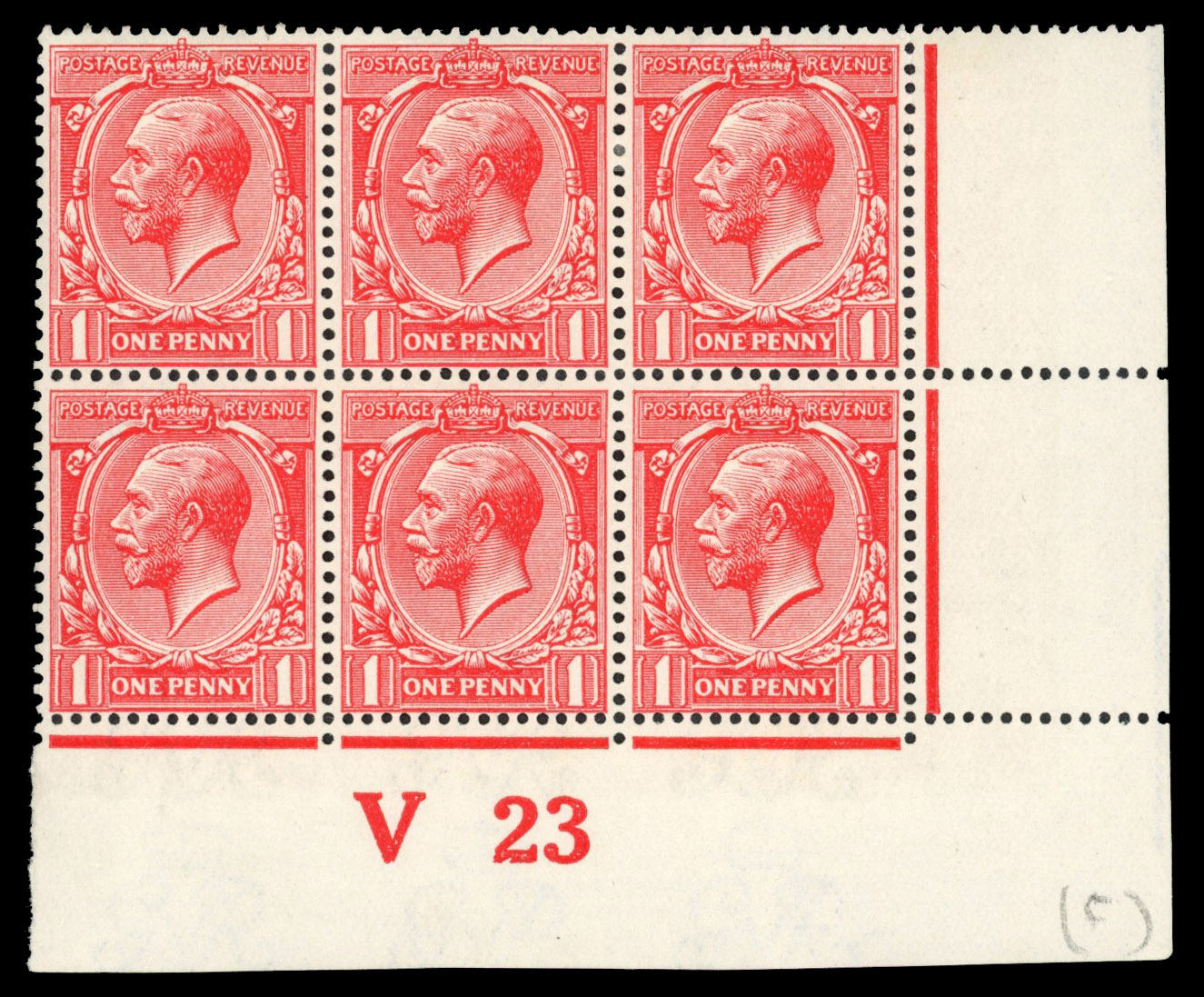 GB: 1912-24 1d. bright scarlet with bright pink fluorescent reaction under UV, mint large part o.g. control V23 block