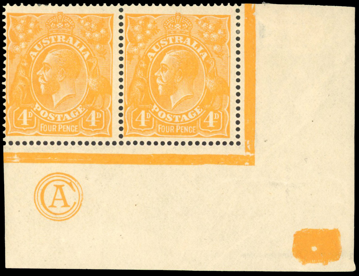 Australia SG 22a 1914-20 4d yellow-orange monogram pair mint