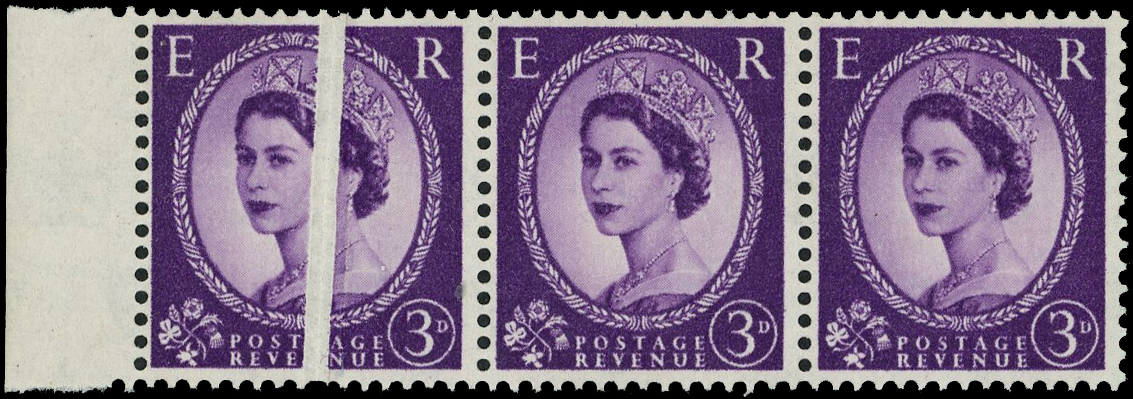 GB: 1958 3d deep lilac, horizontal strip of 3, the l/h marginal stamp has a 2mm pre-printing fold,
