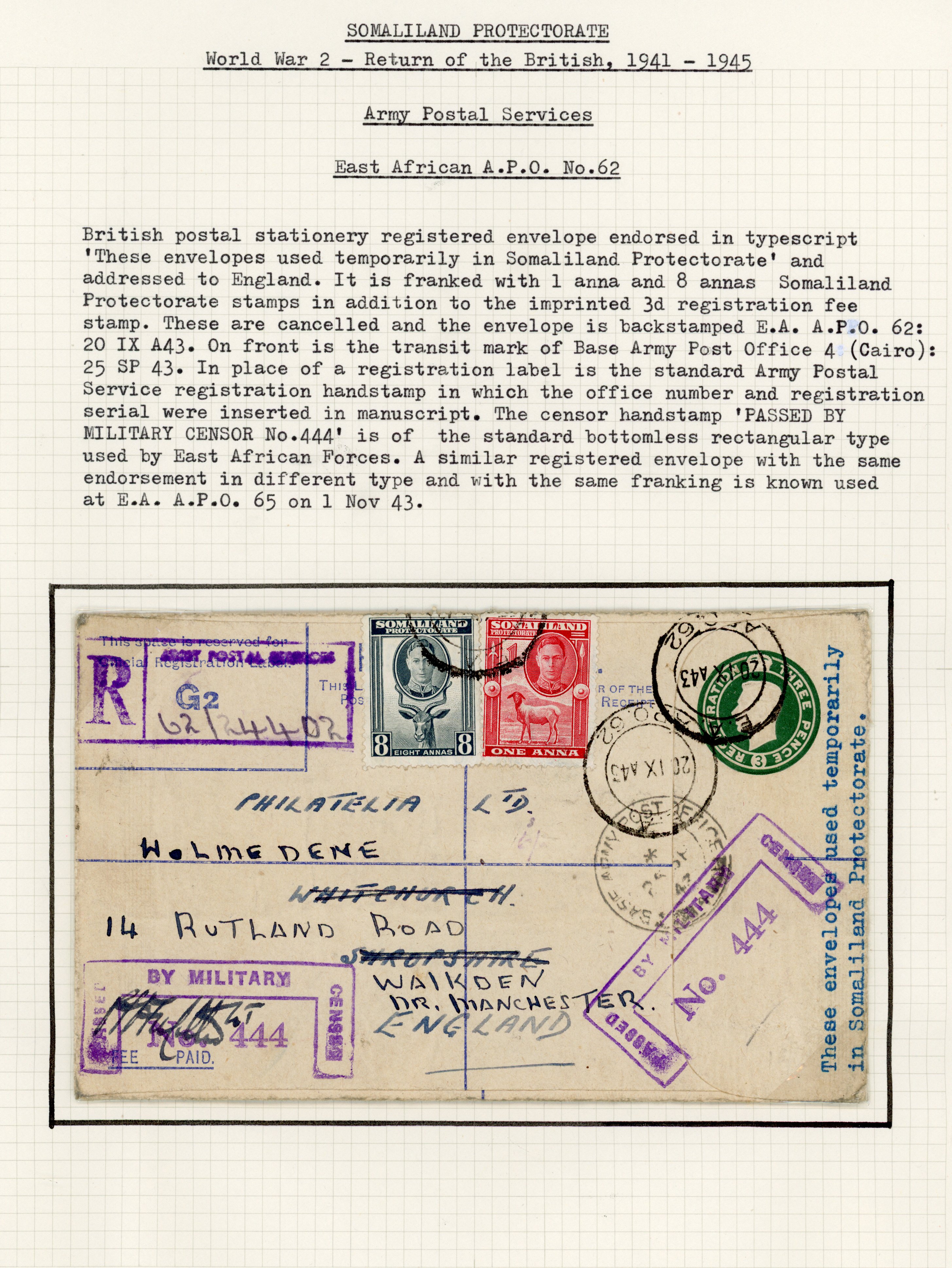 Somaliland 1943 Postal Stationery registered envelope