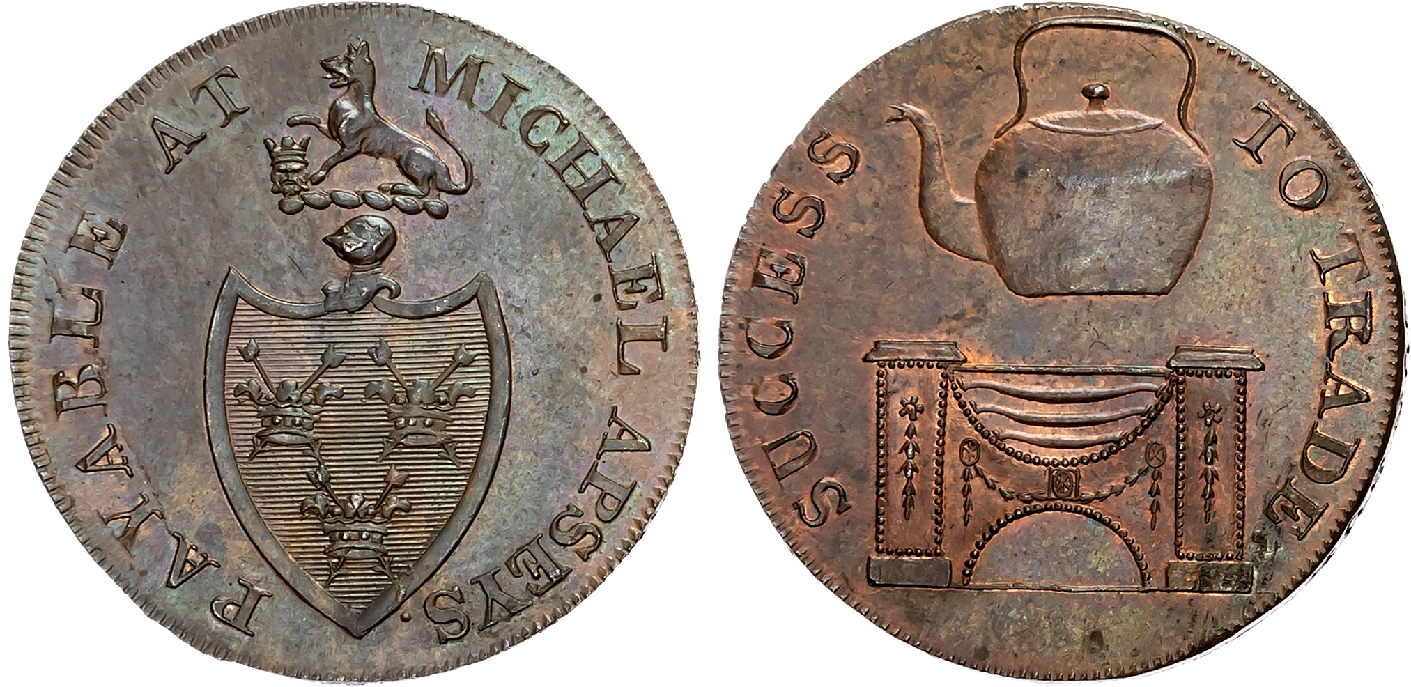 Suff. Bury St. Edmunds . Michael Apsey, (ironmonger and tinman) Halfpenny undated, Arms of the town, rev. Kettle over fi …