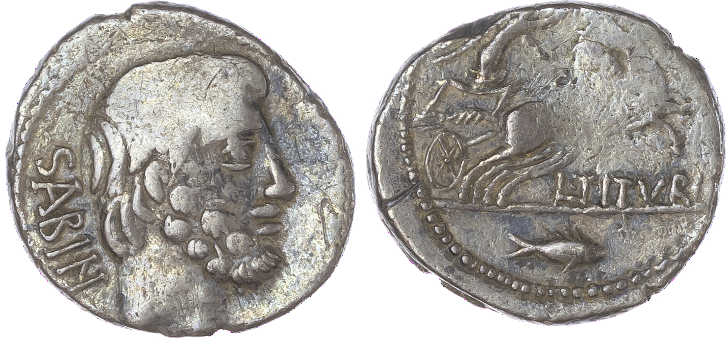 Q. Titurius (89 BC) AR Denarius, Rome, 3.73g. SABIN, bare head of King Tatius facing right. Rev. Victory, holding wreath and