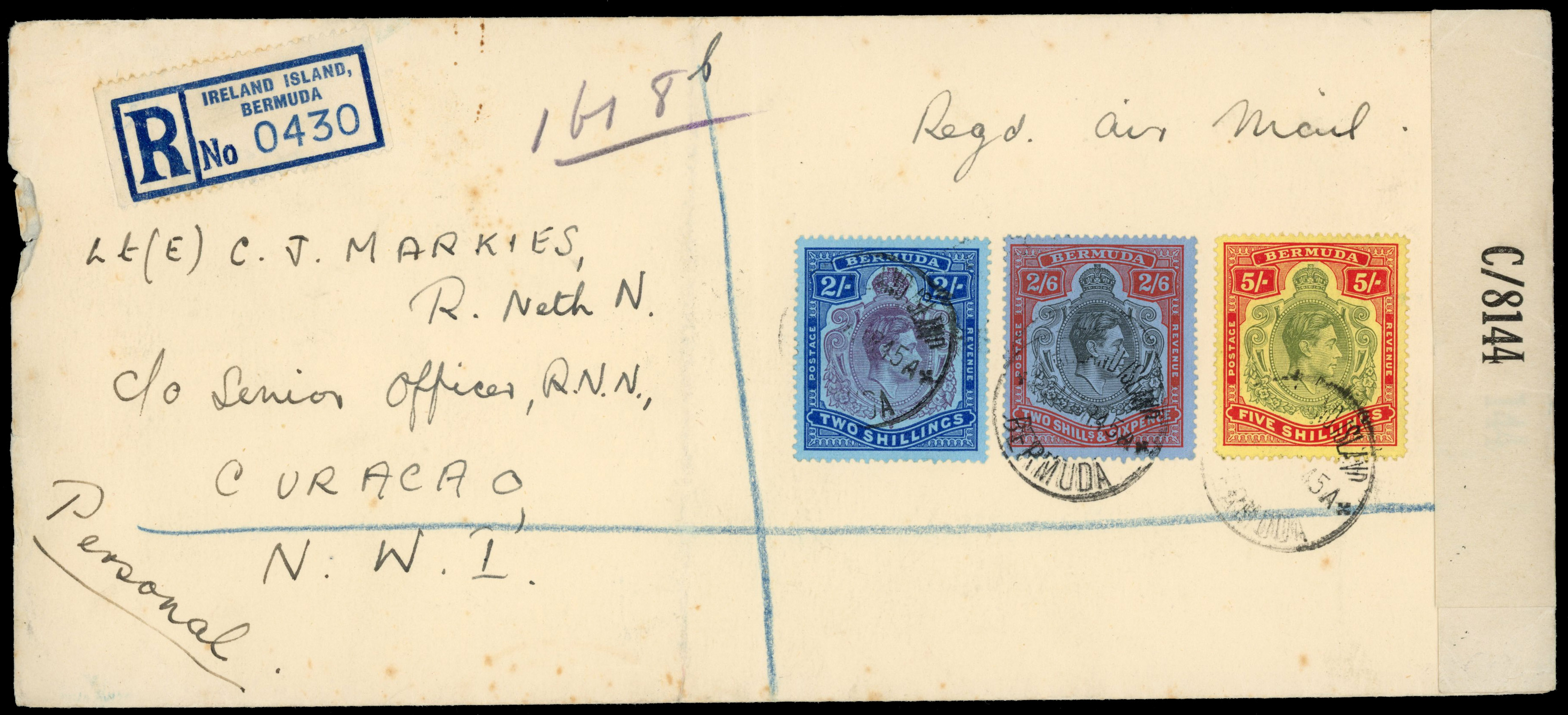 Bermuda 1945 registered censored cover to Curacao