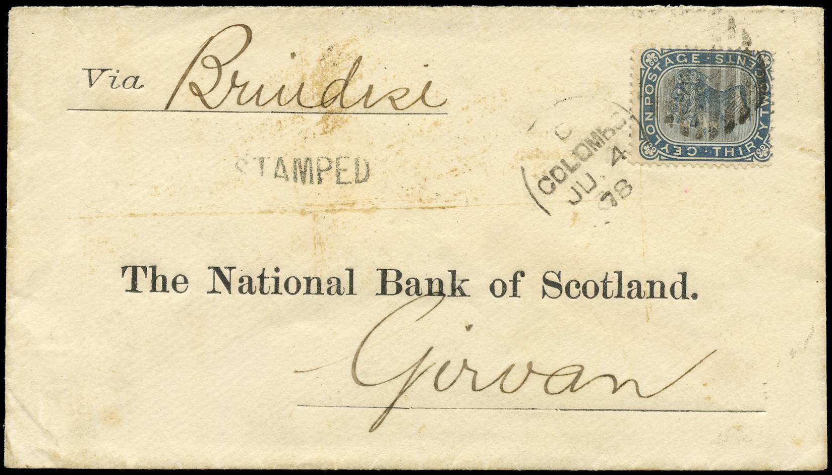CEYLON SG 128 1878 COVER FROM COLOMBO TO SCOTLAND 32c RATE