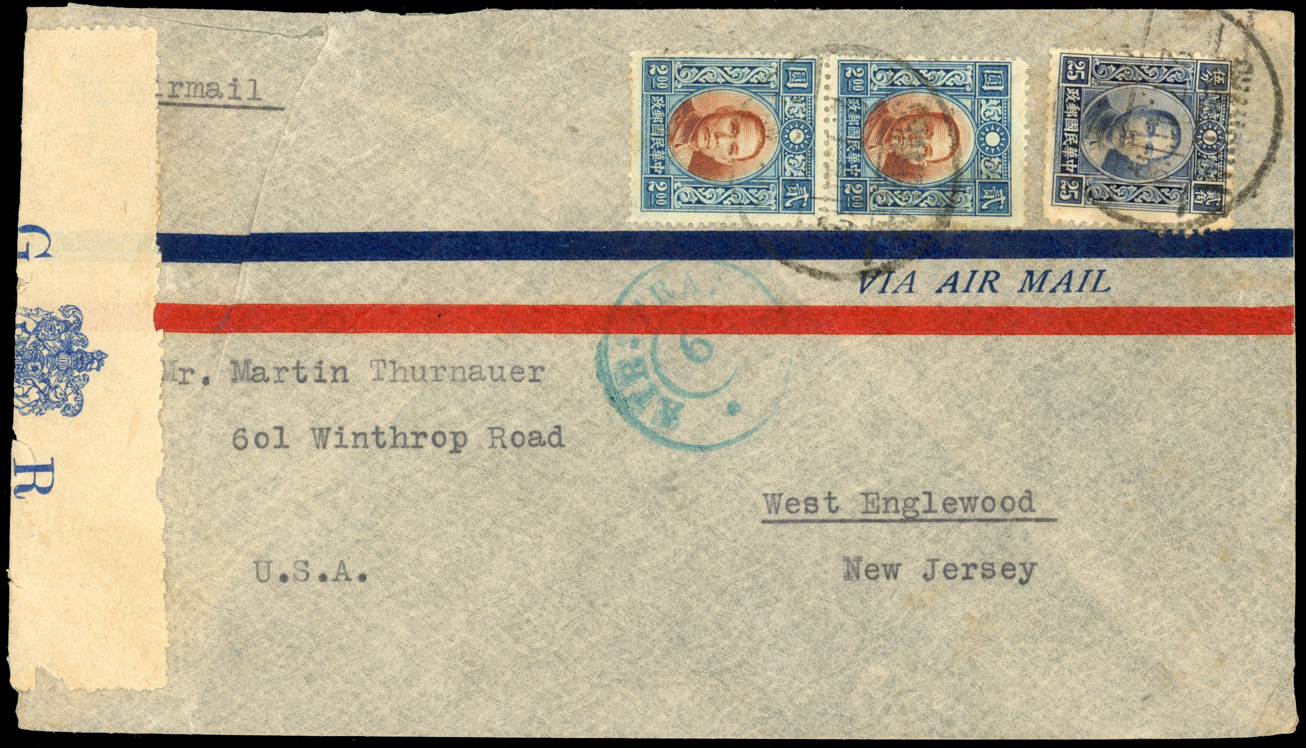 China 1941 Air transit 6 censored cover to USA