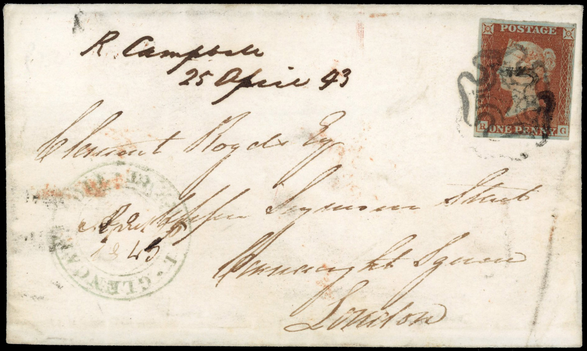 GB 1841 1d red-brown cover with green Glencarradle, Tarbet private post double-ring handstamp