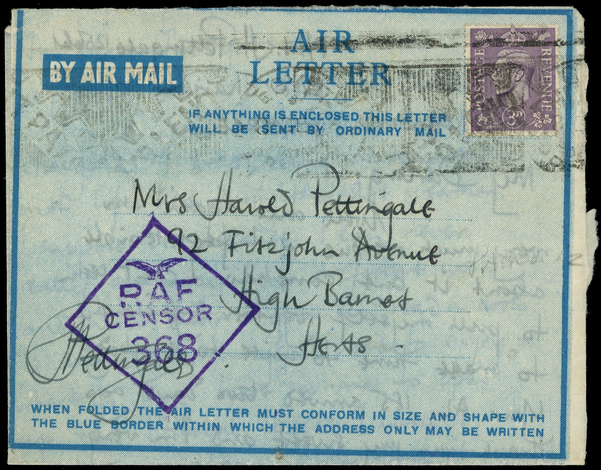 SHARJAH: 1944 printed air letter, RAF Base Sharjah to England GB 3d violet, tied indistinct transit in Egypt, 'RAF Censor