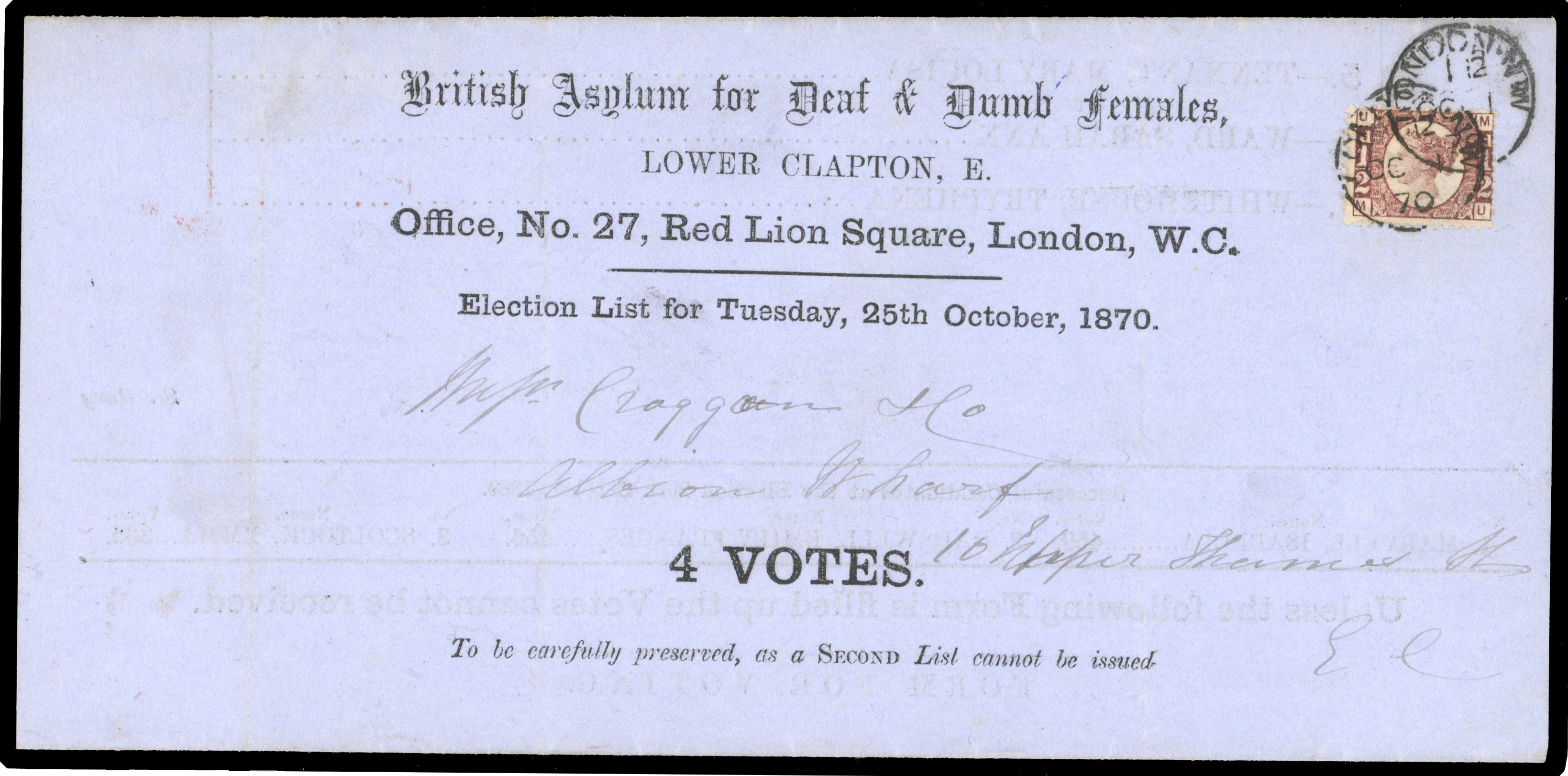 1870 ½d Rose red Pl.1. first day 4 votes