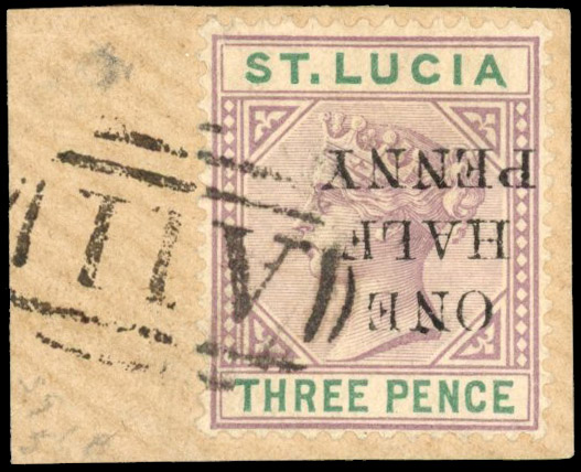St Lucia SG 56b 1891-2 ½d on 3d surcharge inverted used on piece