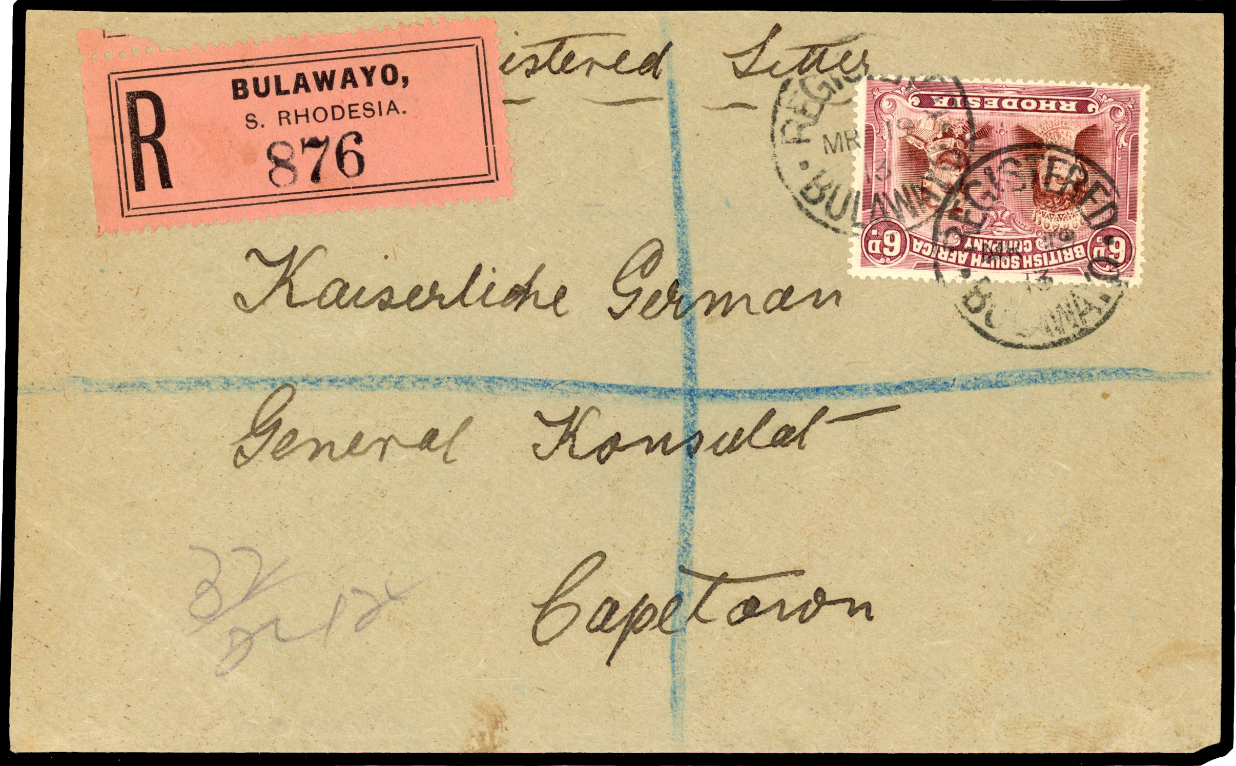 Rhodesia 1913 registered cover from Bulawayo to Cape Town