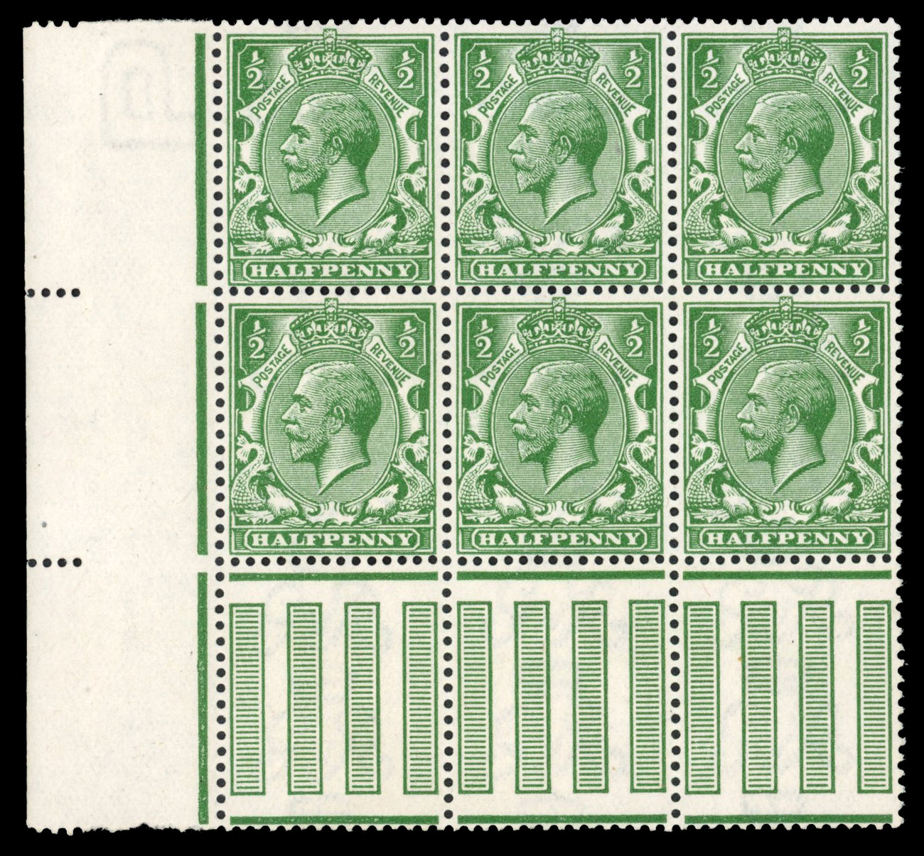 GB: 1912-24 ½d deep cobalt-green, mint unmounted o.g., left marginal interpanneau block of six