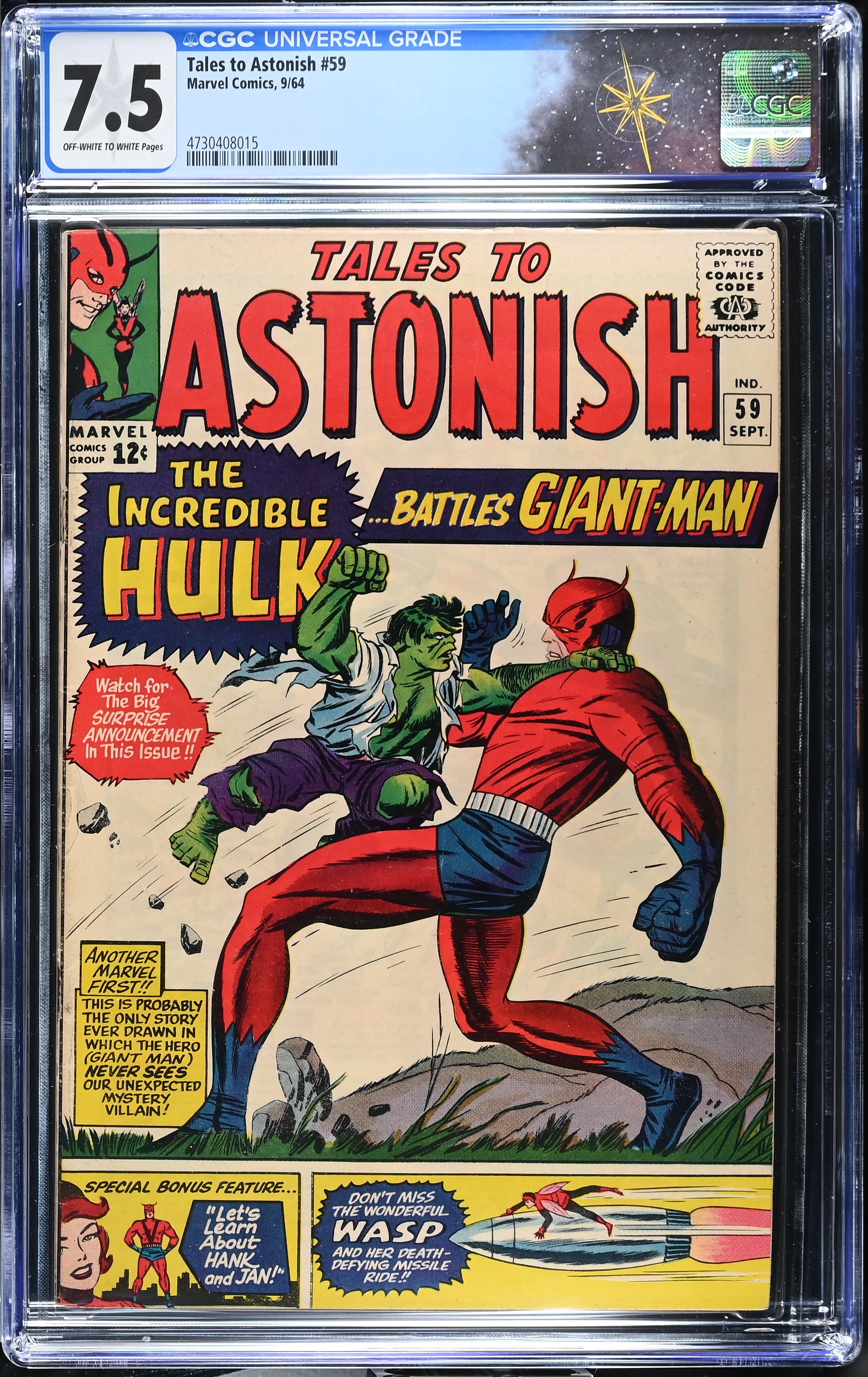 Tales to Astonish #59 CGC 7.5 1st Appearance of Hulk in Title (Marvel Comics, 1964) Off-White to White Pages