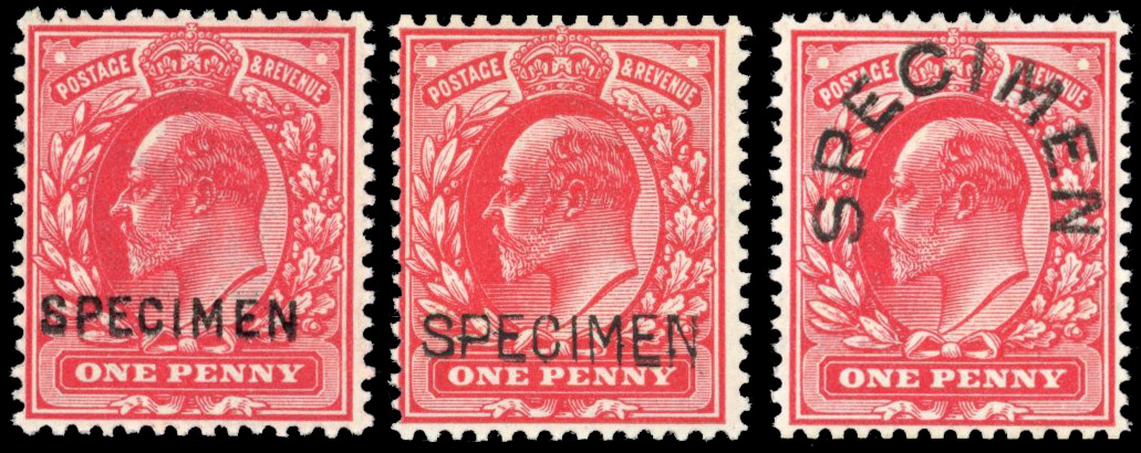 GB: 1902 1d bright scarlet, mint (3), overprinted ‘SPECIMEN’ (types 15 (u/m), 16 and 17). Fine. SG 220s, Spec M5(2)s, t, u