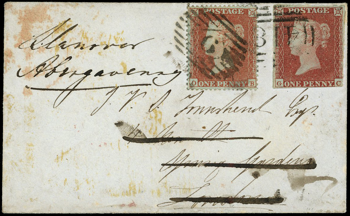 1850 1d Red brown “Archer“ Pl.96 redirected cover with imperf SG8
