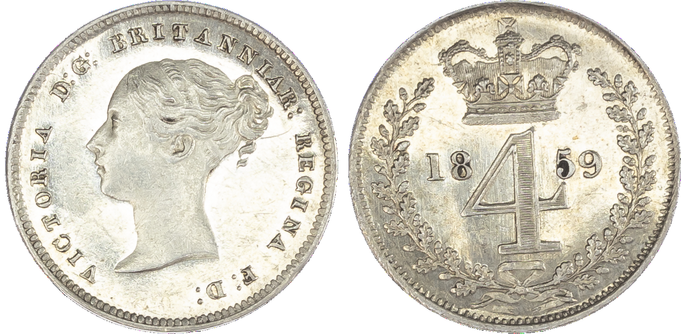 Victoria (1837-1901), Maundy set, 1859, Four, Three, Two and One Pence, young head left, legend and toothed border