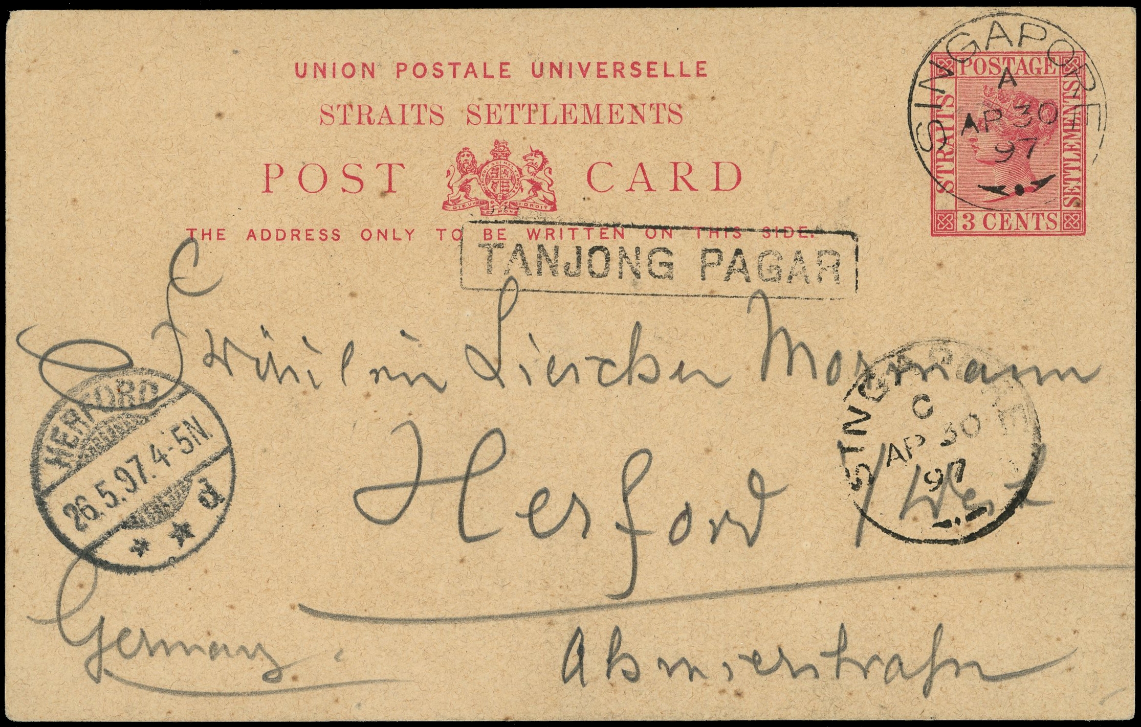 MALAYA STRAITS: 1897 3c red stationery postcard to Germany, with neat boxed “TANJONG PAGAR” in black