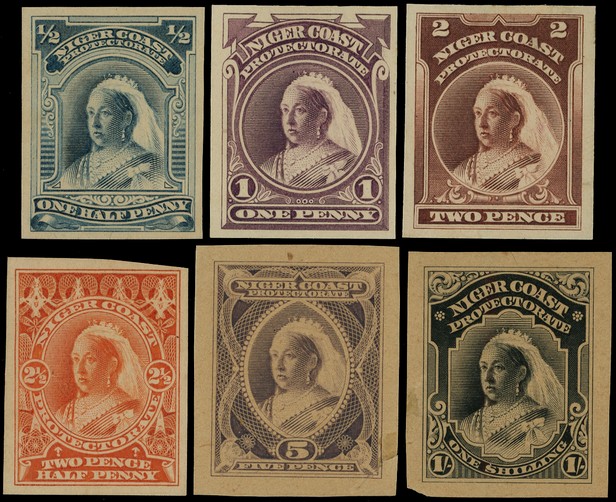 1894 proofs of the six values inscribed NIGER COAST PROTECTORATE, imperforate on ungummed, unwatermarked paper.  The ½d in...