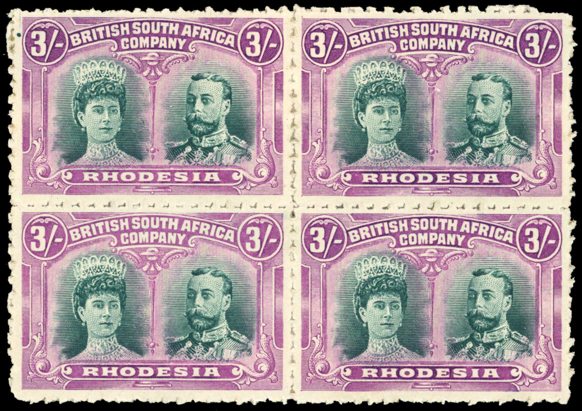 Rhodesia 1910-13 Clandestine roulettes 3s bright blue-green and magenta