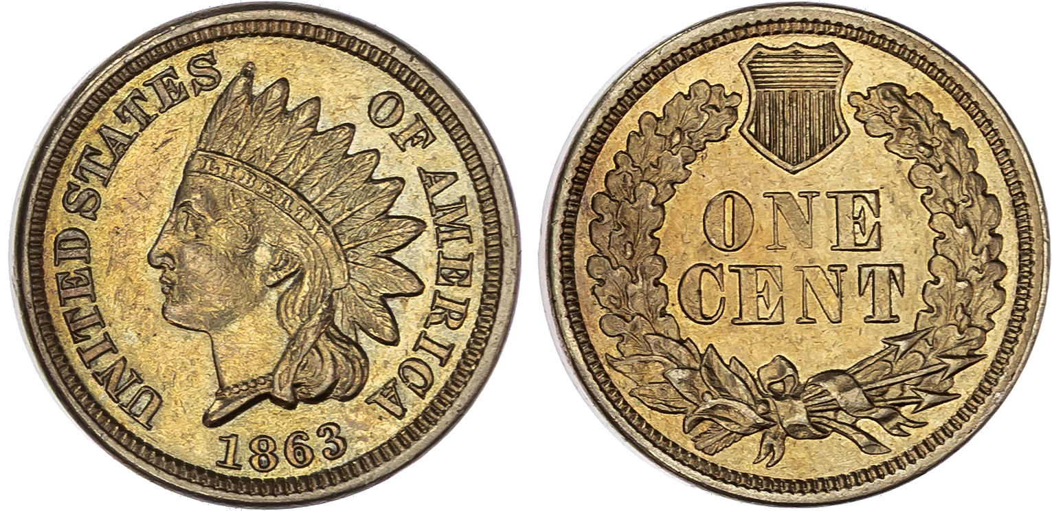 USA , Indian Head copper-nickel Cent, 1863, Philadelphia, oak wreath reverse, with shield, 4.85g (KM 90). Unci…