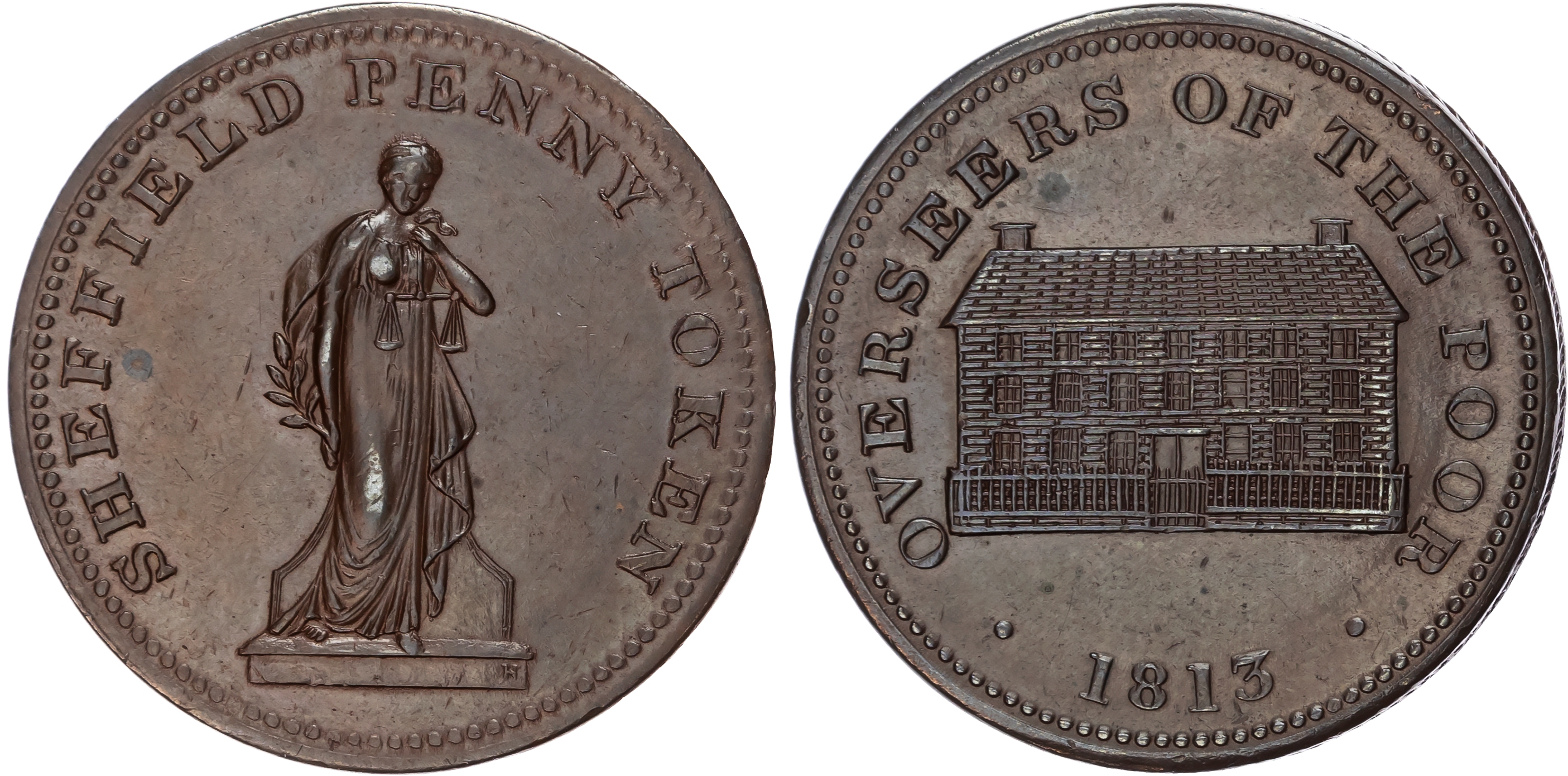 SHEFFIELD , Yorks. Overseers of the Poor Penny 1813, Façade of the workhouse, rev. Justice standing edge centr…