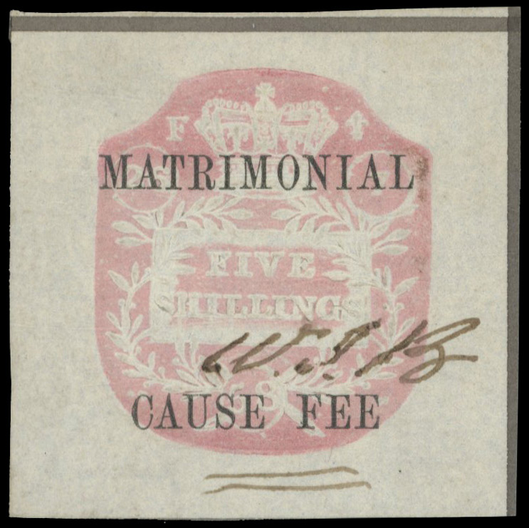 GB. Matrimonial Cause. 1858 embossed 5s underprinted MATRIMONIAL/ CAUSE FEE, pen cancelled