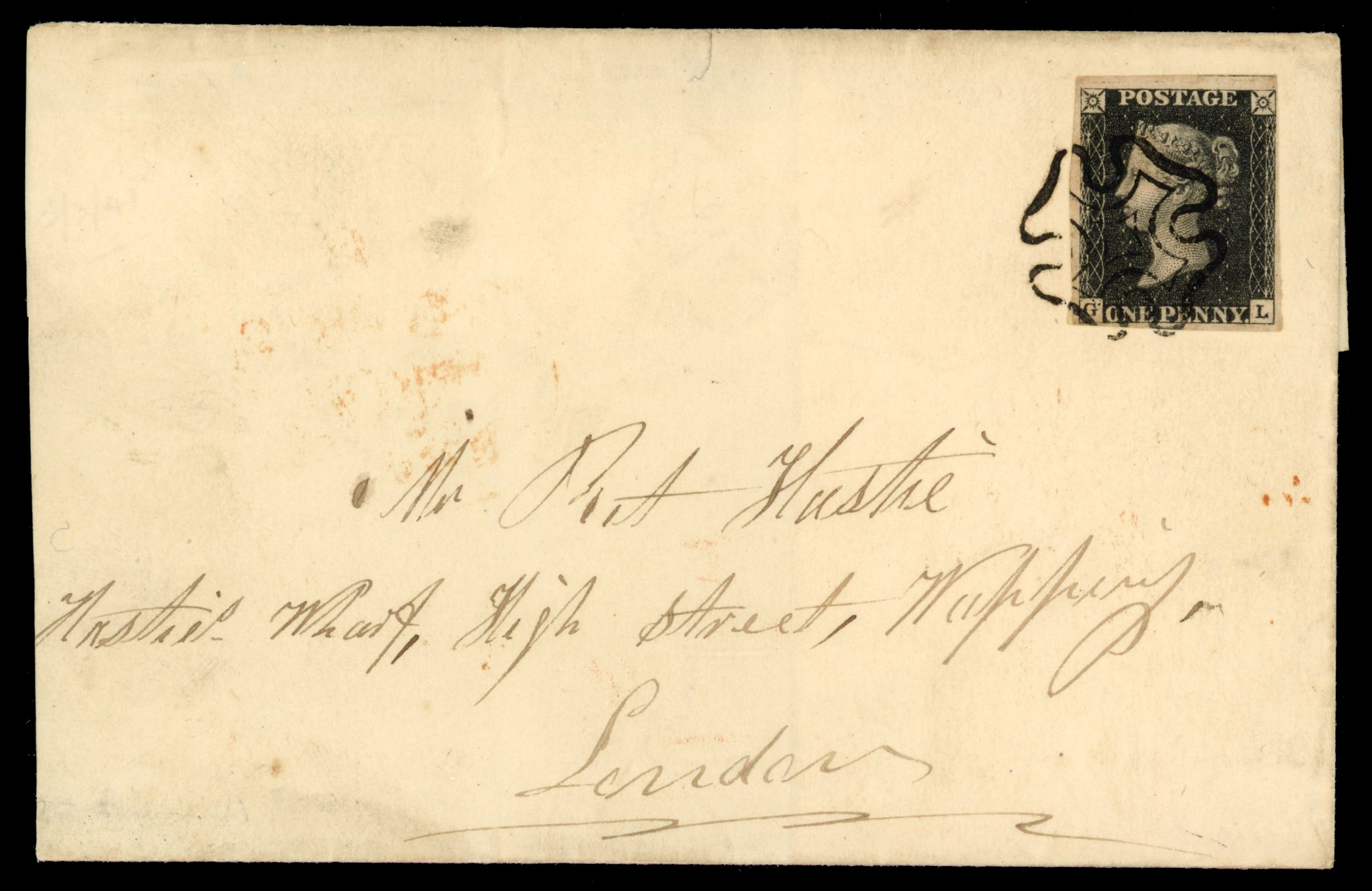 GB 1840 1d black, Plate 6 (GL) on cover