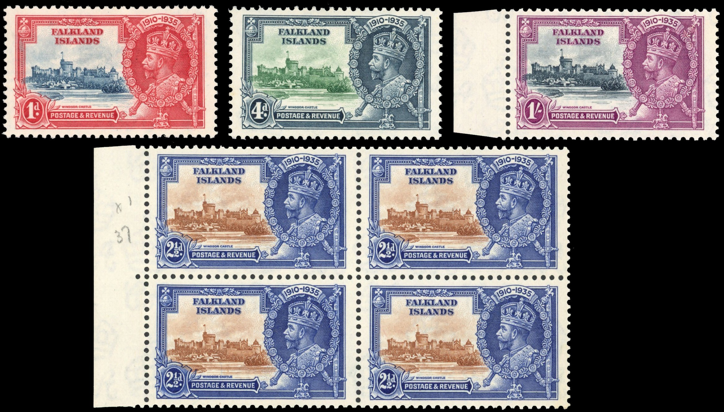 Falkland Islands 1935 Silver Jubilee Set of 4, R7/1 flagstaff on right-hand turret variety SG 139d/142d