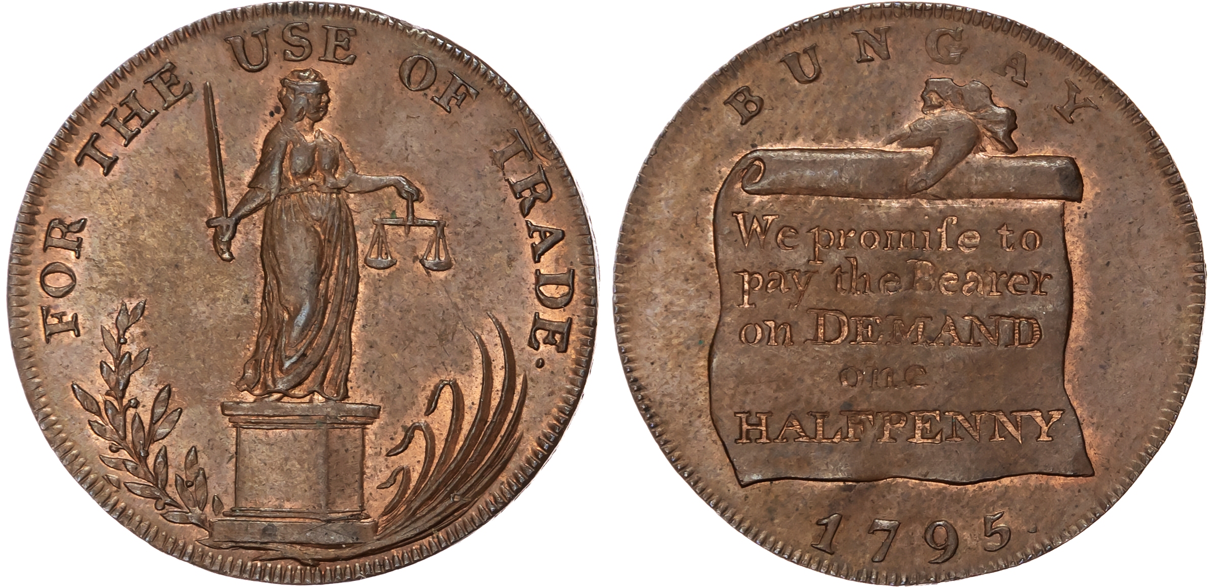 Suff. Bungay , Samuel Prentice, Samuel Delf & Matthias Abel (grocer, brazier and draper), Halfpenny 1795, hand…