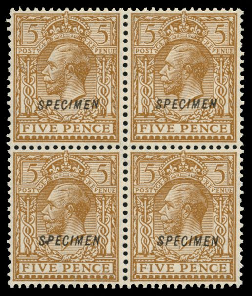 1924 5d Brown. Very fine unused o.g. block of four (three stamps u/m) overprinted "SPECIMEN" type 23. Spec....