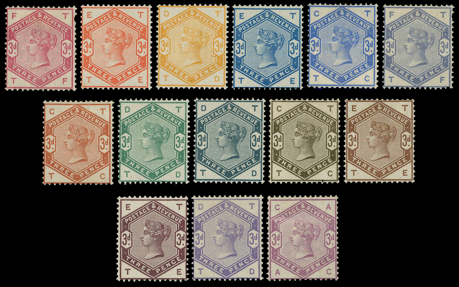 Great Britain 1883-83 3d perf colour trails group of 14 SG 191var