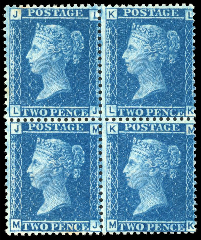 SG 45 1858 2d blue Plate 7 block mint