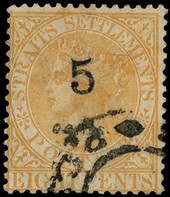 1880 5c on 8c orange surcharge Type 13, good used with part Penang CDS.  SG 41,...