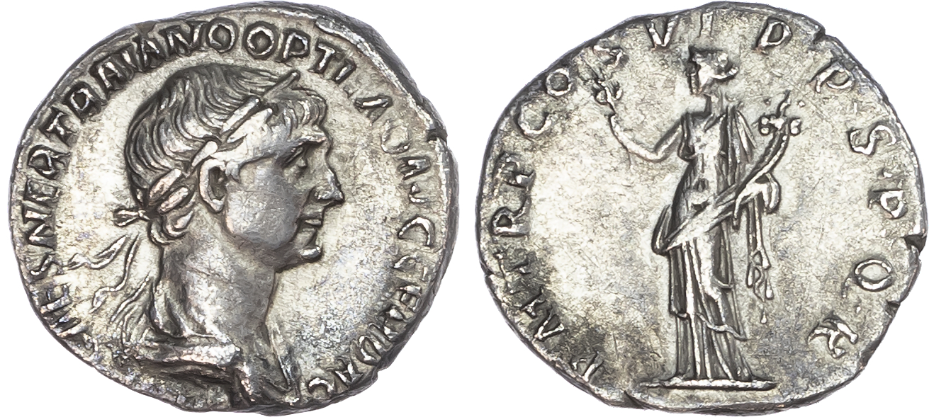 Trajan (AD 98-117) AR Denarius, Rome, AD 114, 2.61g. 