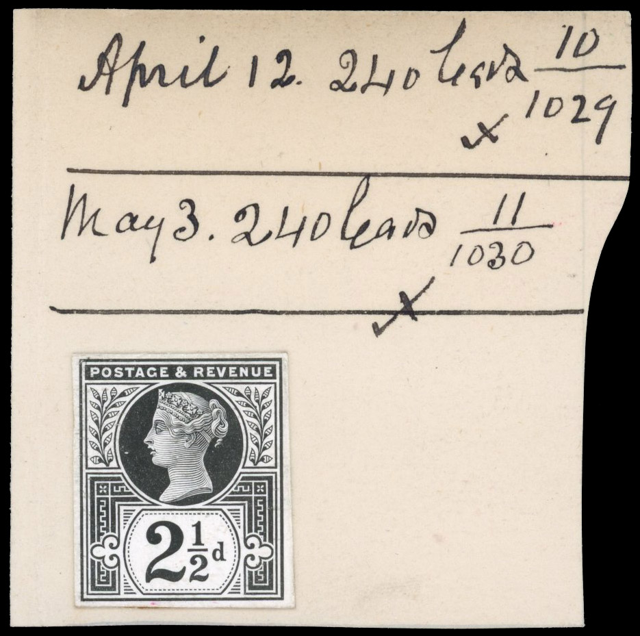 GB 1887-92 2½d stamp-sized die proofs on DLR striking book pieces (4), For SG 201
