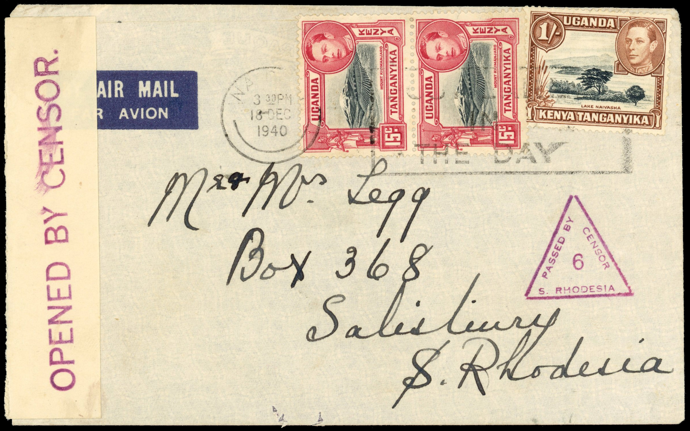 Southern Rhodesia censor on 1940 incoming cover from KUT