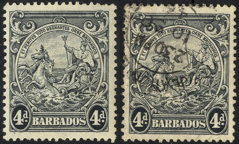 1938-44 4d perf 13½ x 13 two used examples, one with R4/1 flying mane (short perf at top right) and the other with R7/8...