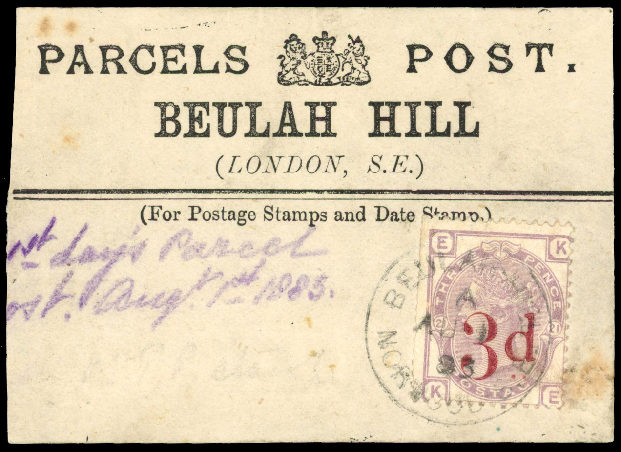 1883 3d on 3d Lilac first day parcel post label
