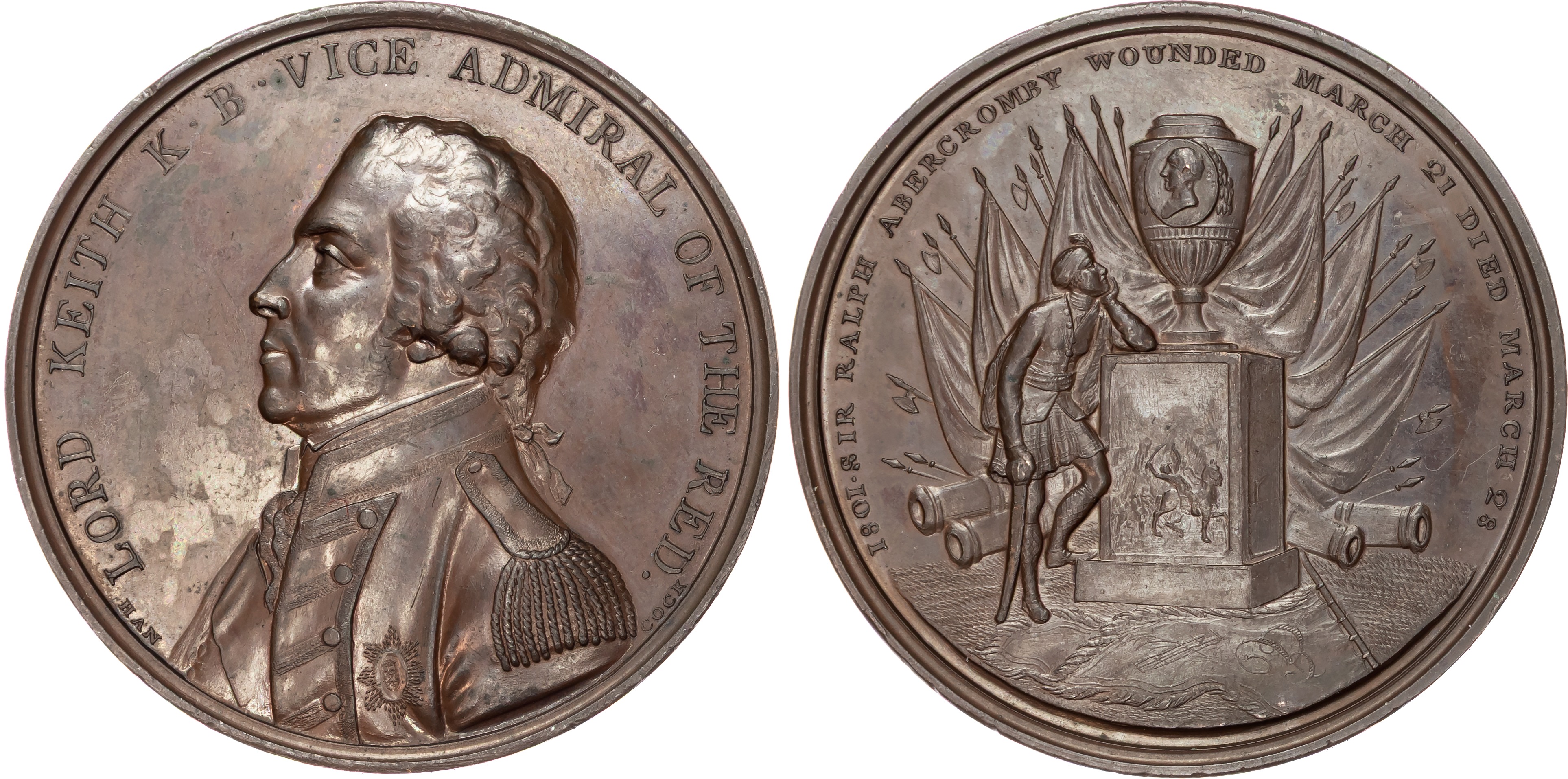 George Elphinstone (Viscount Keith) and the death of Sir Ralph Abercrombie 1801, AE medal, 1801, by J G Hancock.