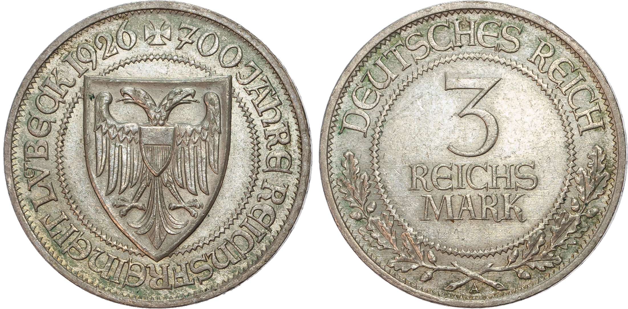 Germany, Weimar Republic (1913-1933), 700 Years of Freedom for Lübeck, silver 3 Reichsmark.