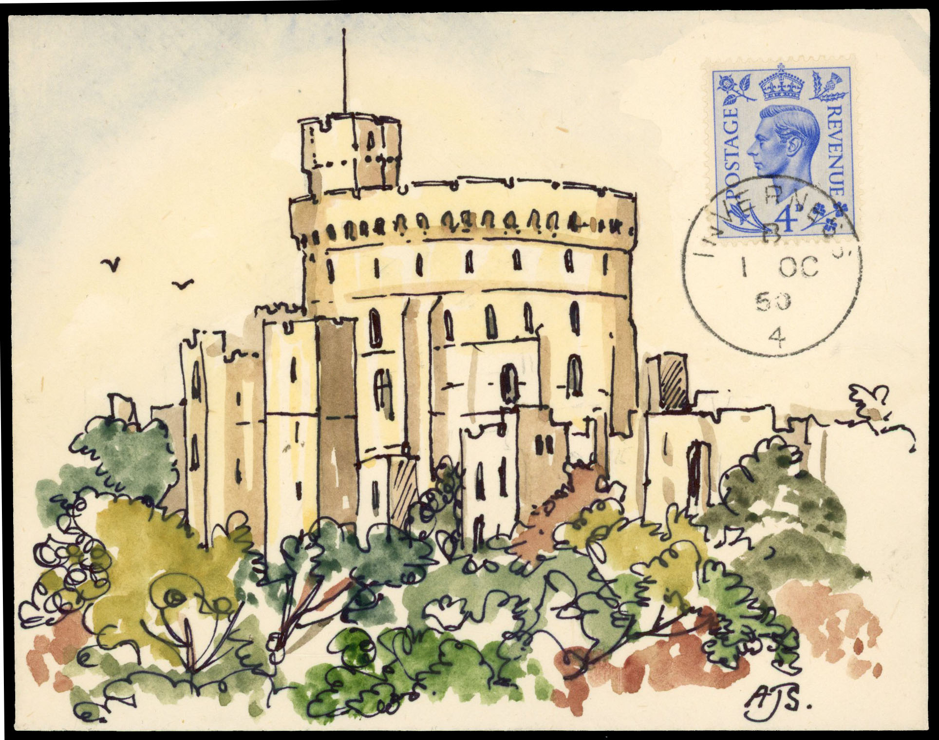 1950 (1 Oct) New Colours 4d pale ultramarine franked on day of issue hand-illustrated envelope