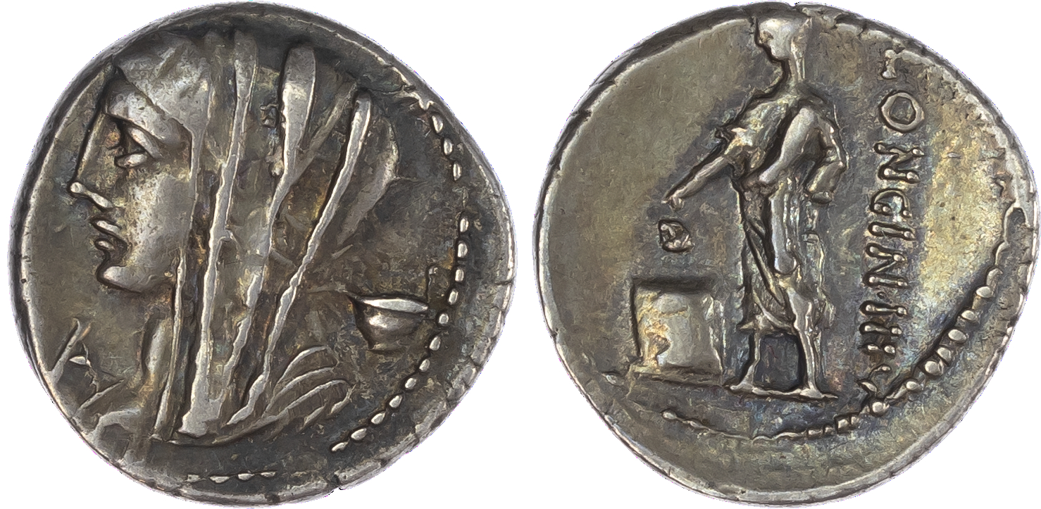 L. Cassius Longinus (63 BC) AR Denarius, Rome, 3.85g. Veiled head of Vesta facing right, A to left, calix to right. Rev.