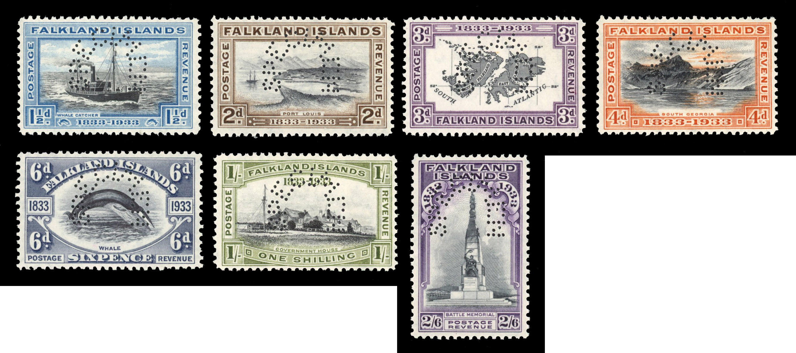 SG 129s-135s 1933 Centenary 1½d to 2/6d values (7) Specimens