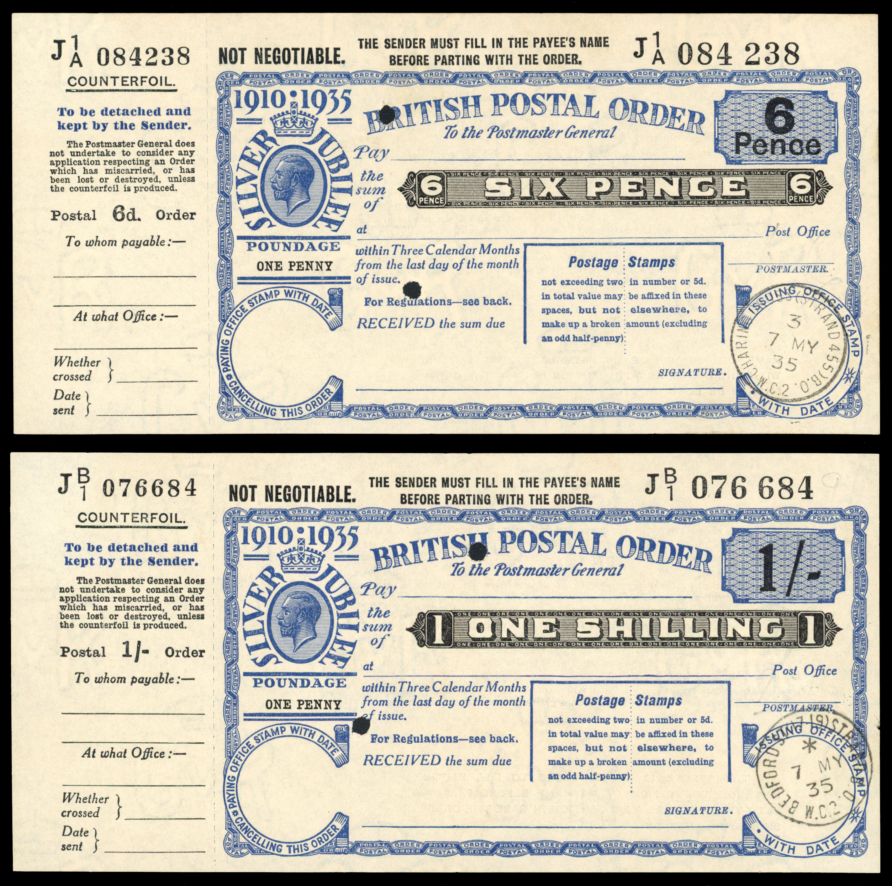 1935 Silver Jubilee 6d, 1s and 2s6d Poundage, 1d blue and black, all cancelled by first day of issue