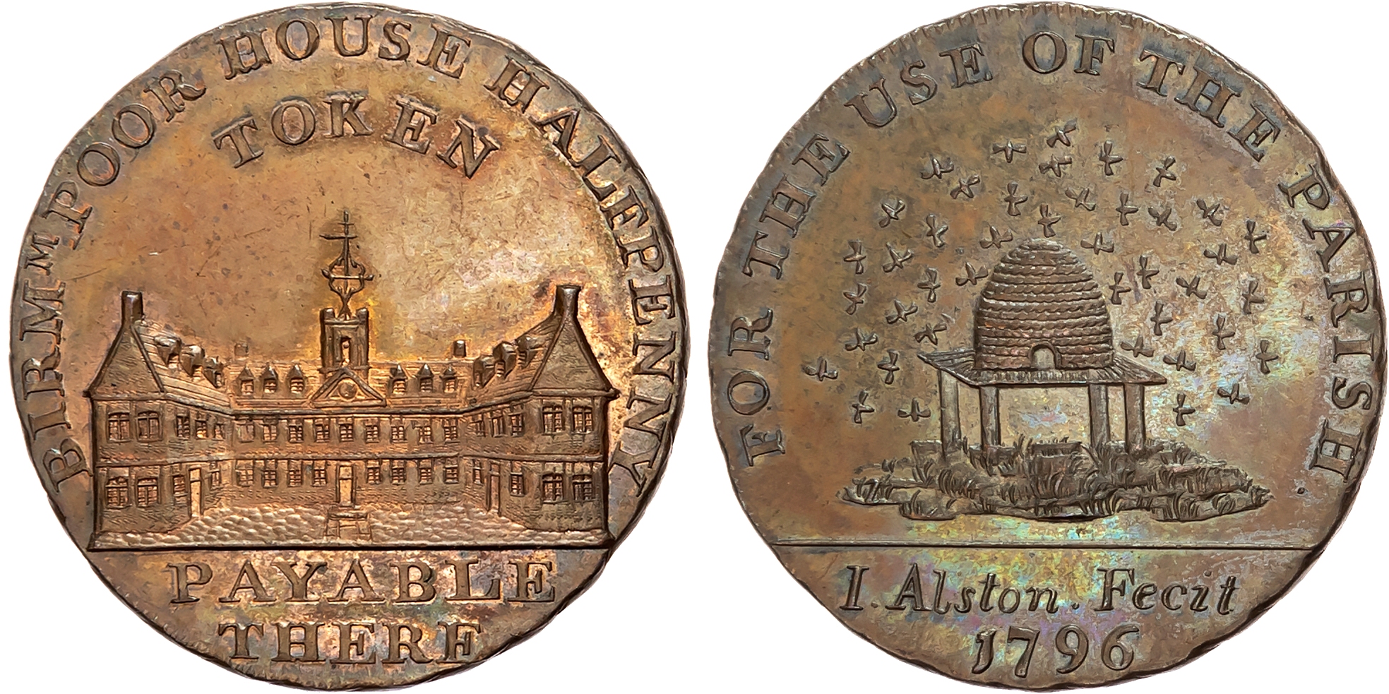 Warks . Birmingham , J Alston (official connected with the Birmingham Workhouse) Halfpenny 1796, View of Workhouse, rev. …