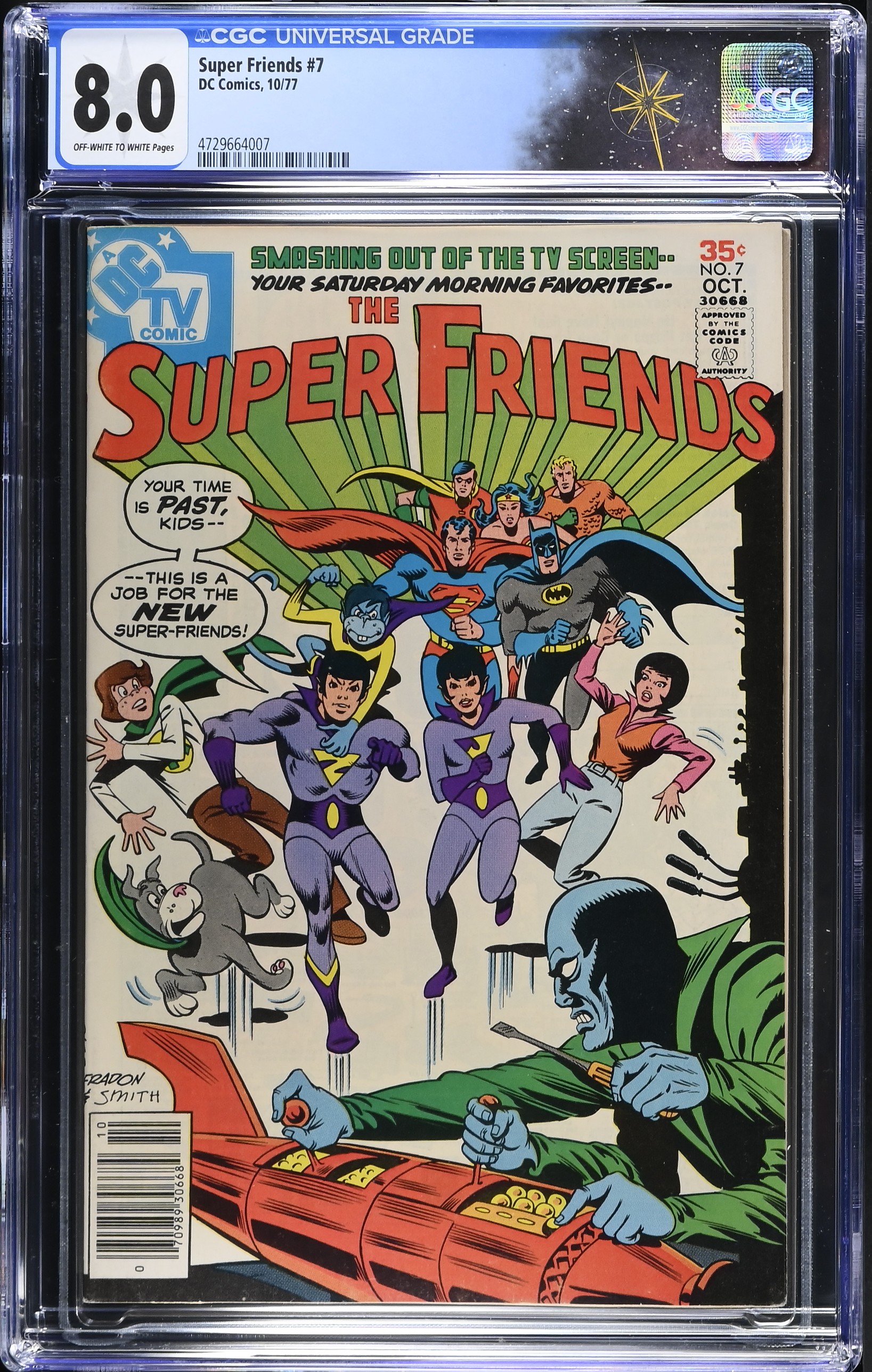 Super Friends #7 CGC 8.0 1st Appearance on the Wonder Twins & Gleek (DC Comics, 1977) Off-White to White Pages
