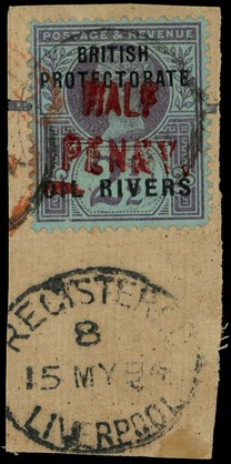 1893 ½d on 2½d handstamped Type 4 in carmine, fine used on piece with part of two indistinct CDSs, also tied by part hooded...