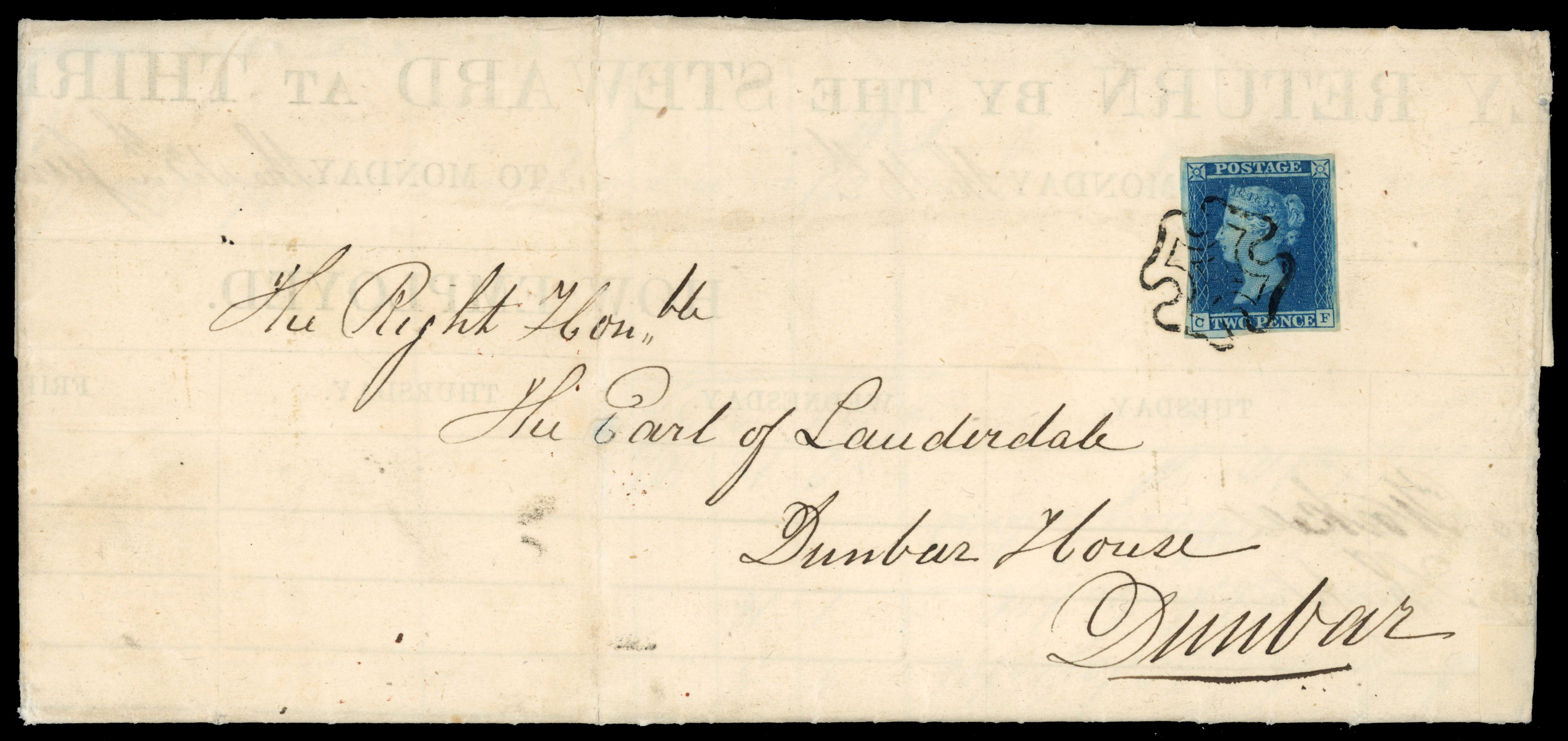 GB 1841 2d blue on printed circular cover, neatly tied by very fine black Lauder Maltese Cross