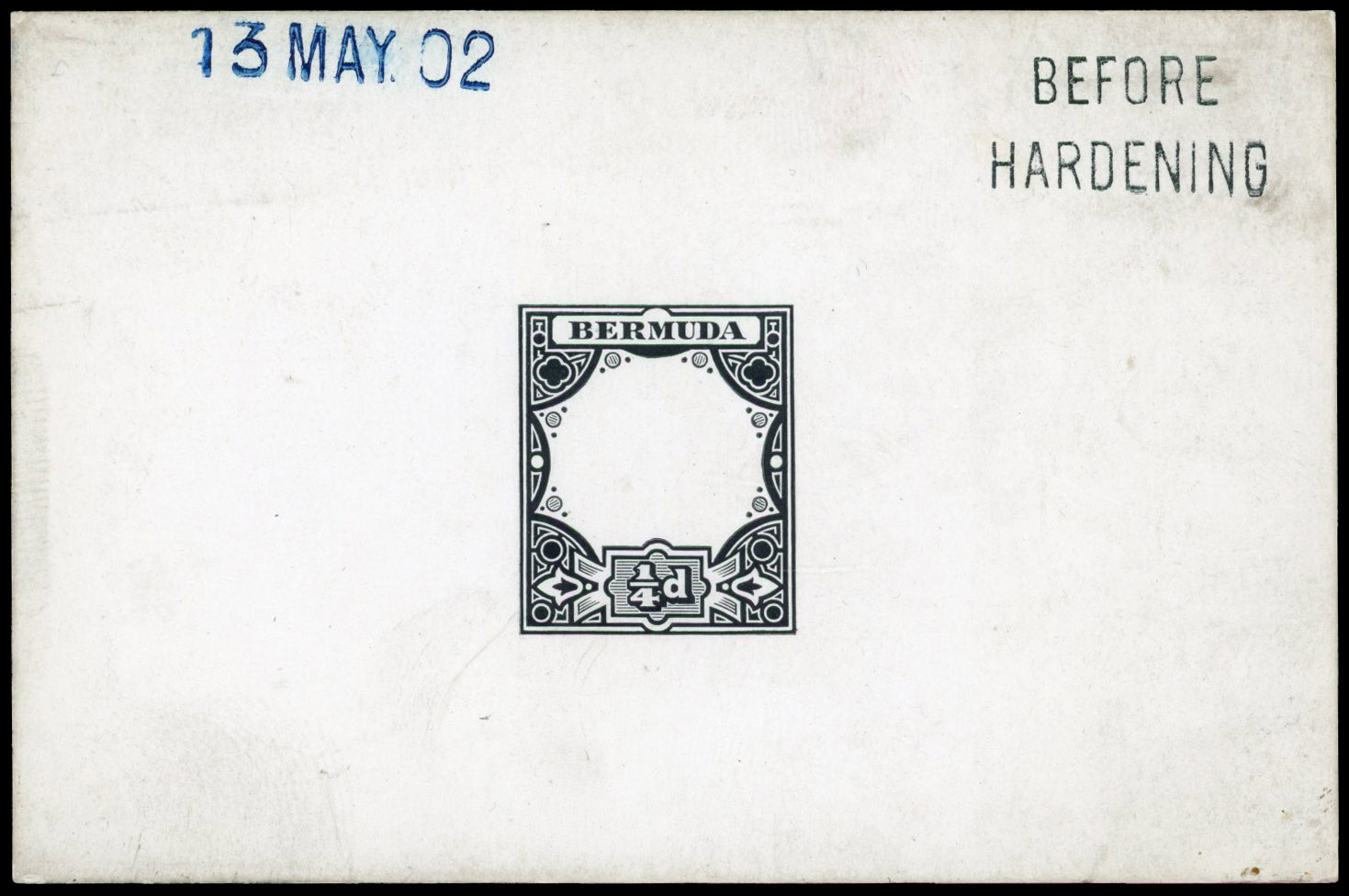 Bermuda 1902 (13 MAY) ¼d 'Dry Dock' die proof of frame in Before Hardening