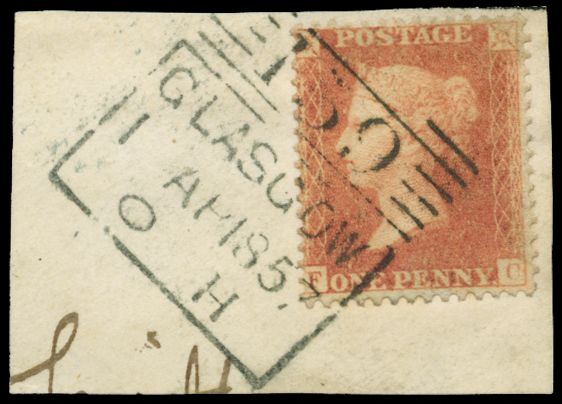 1857 1d Orange-red Pl.47. Very fine used example lettered FC, neatly tied to piece by a crisp bluish black Glasgow "159"...